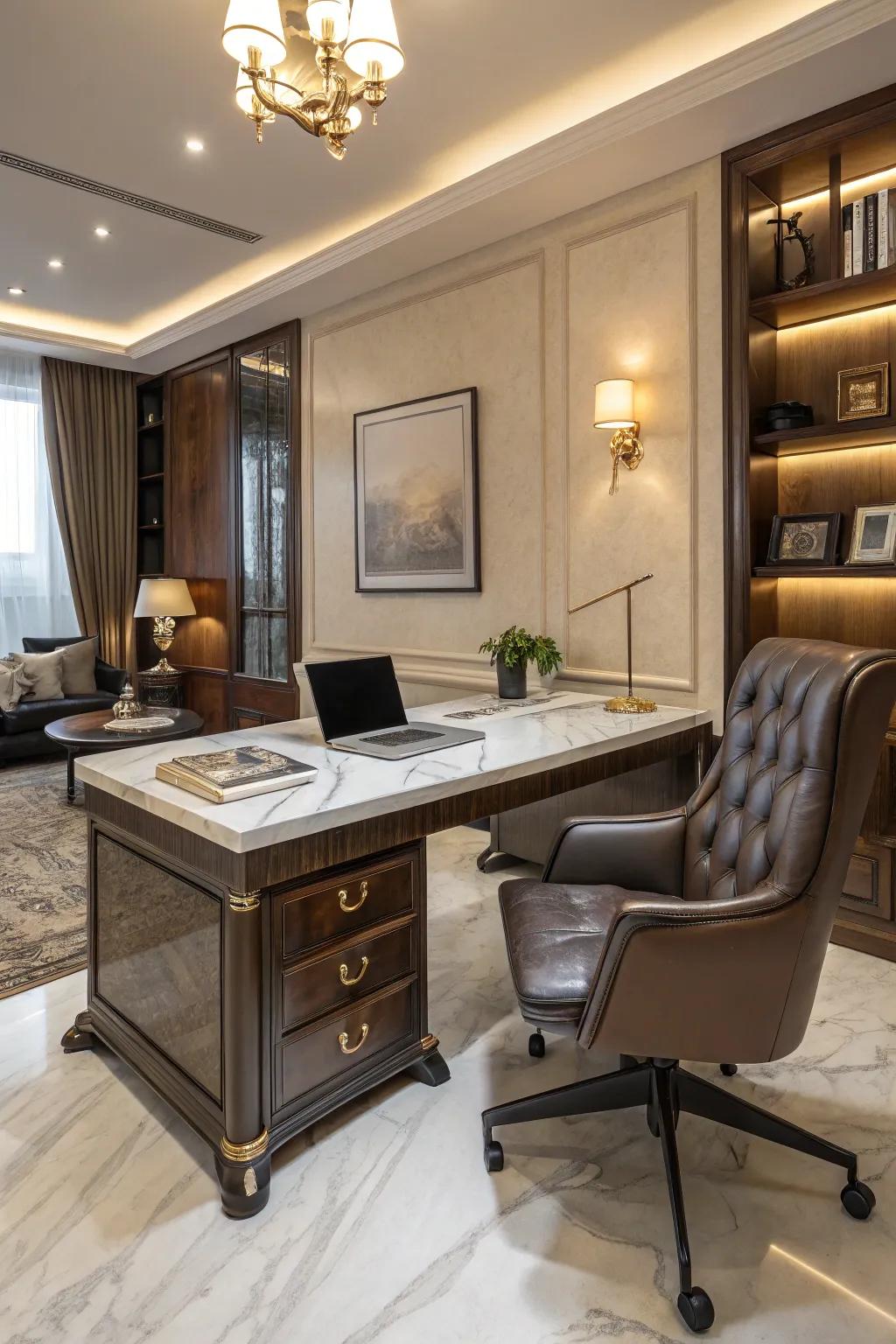 A luxurious home office featuring marble and leather elements.