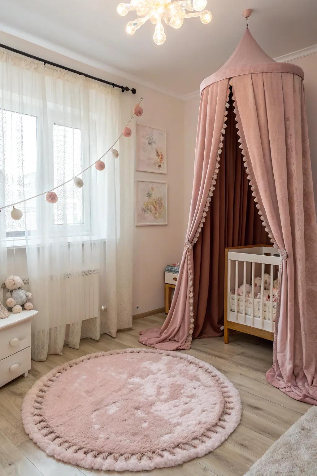 A baby room decorated with velvet curtains and a soft rug, adding warmth and luxury.