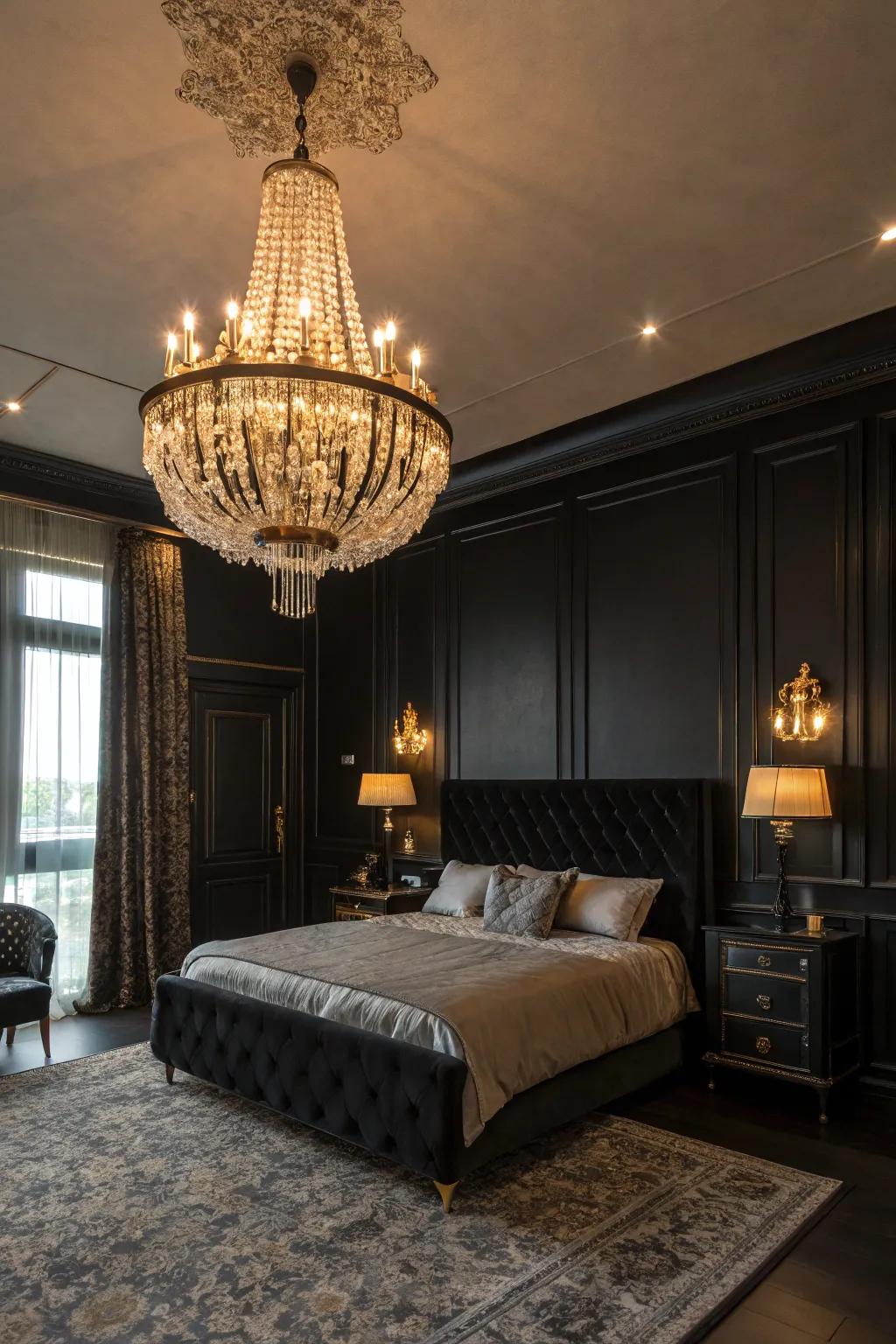 A black bedroom with a striking chandelier, offering warmth and elegance.