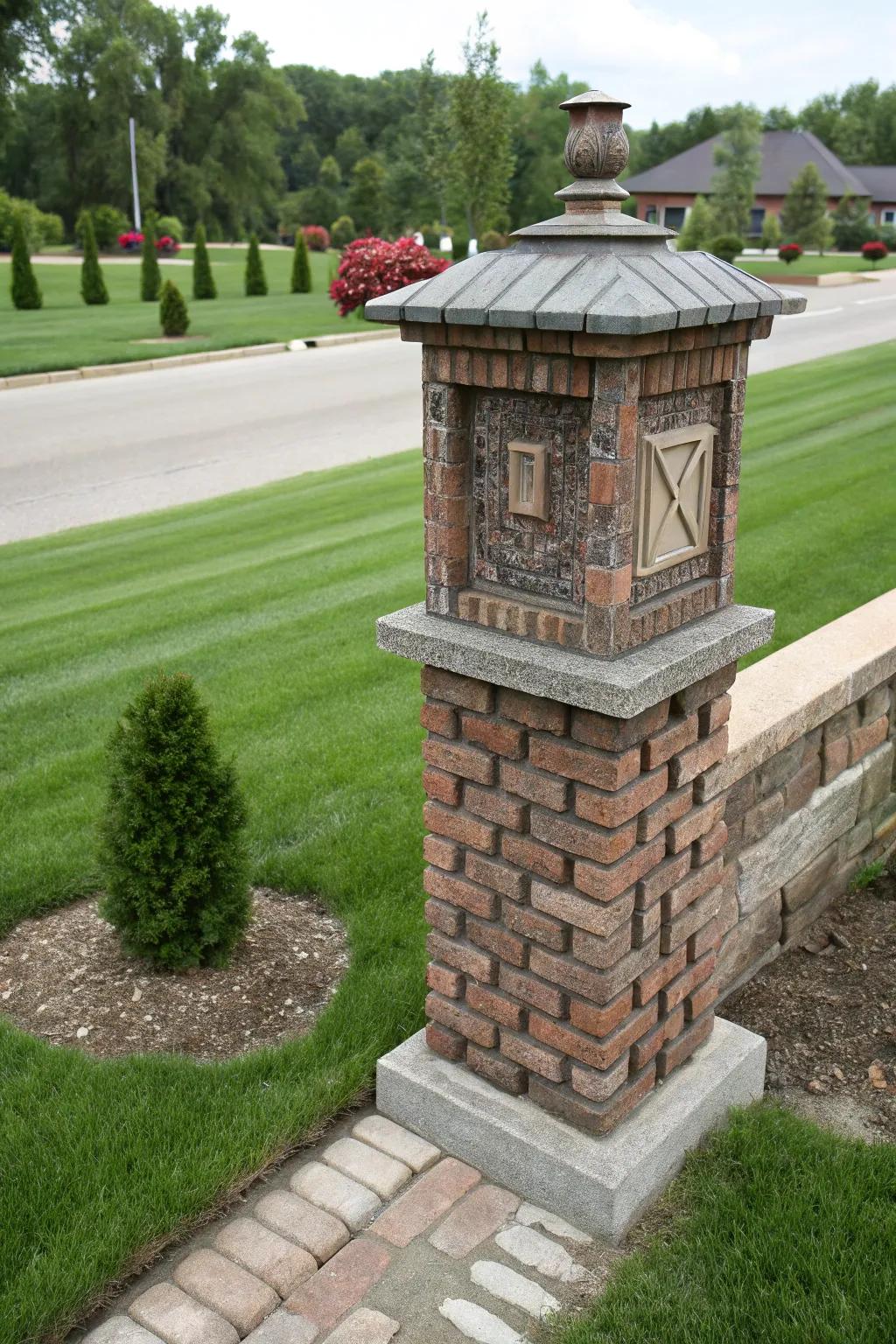 Stone and brick mailbox posts add a touch of elegance and durability.