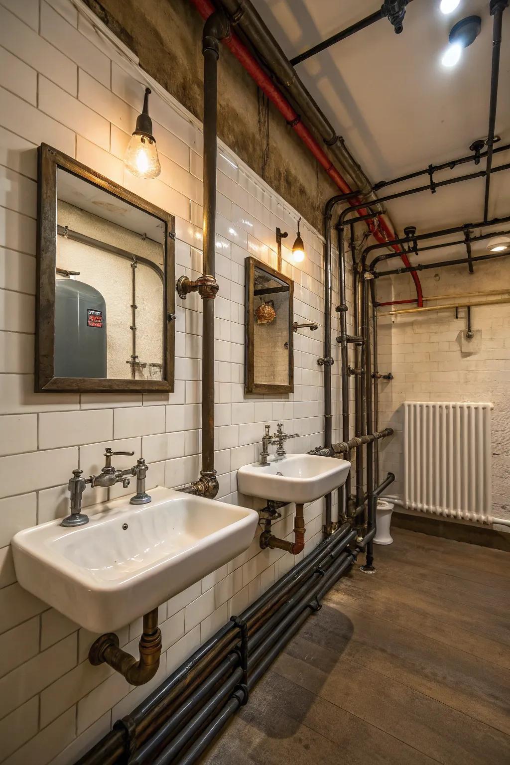 Industrial charm with exposed pipes and metal elements.