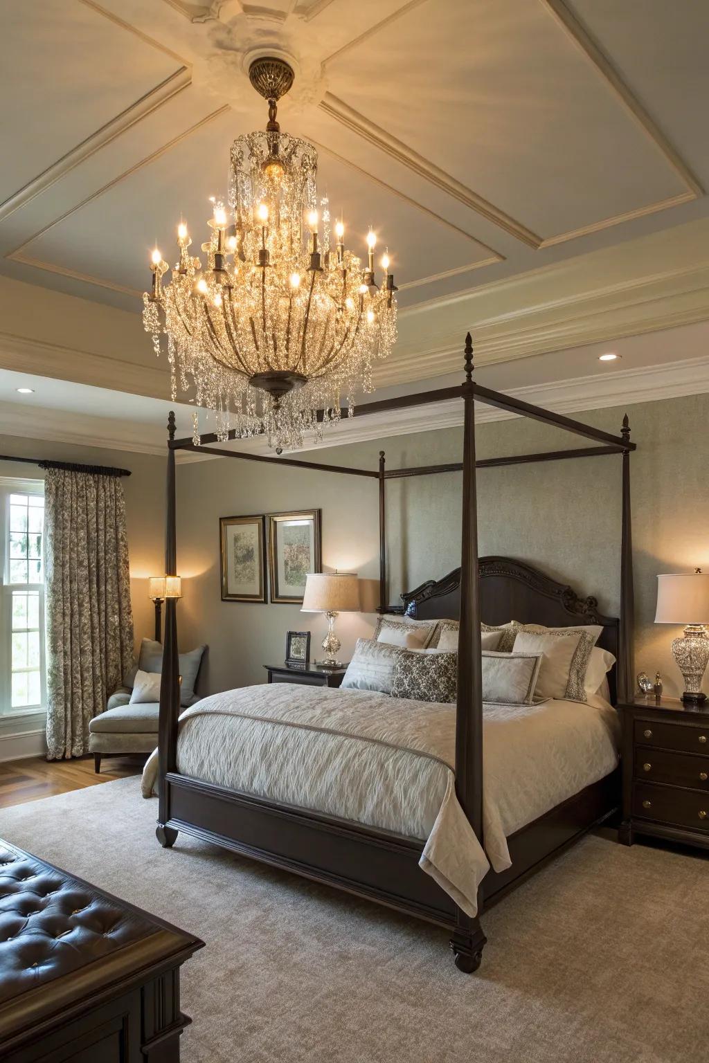 An elegant chandelier introduces a hint of opulence to the master bedroom.