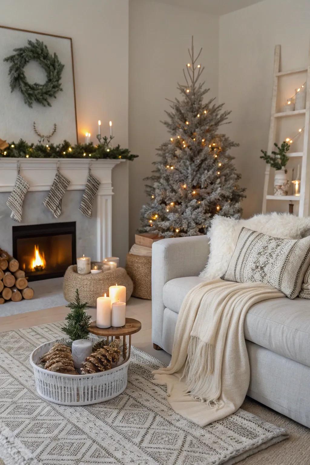 A living space adorned with a muted color scheme that evokes a soothing holiday sentiment.