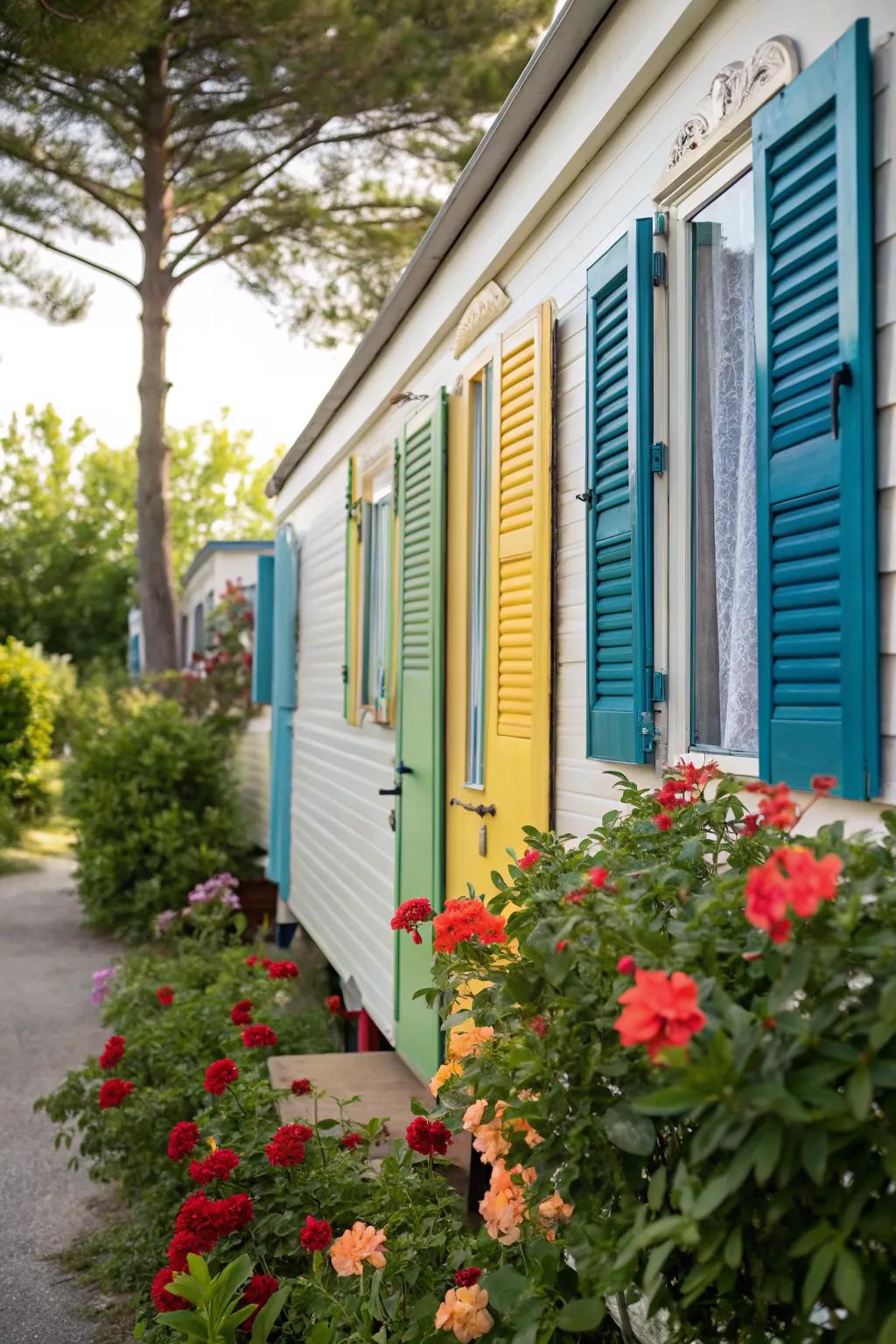 Vibrant shutters bringing life to a mobile home's exterior.