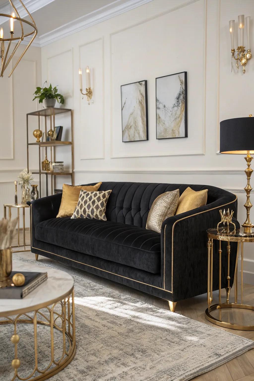 A plush black velvet sofa adding elegance to a modern living room.