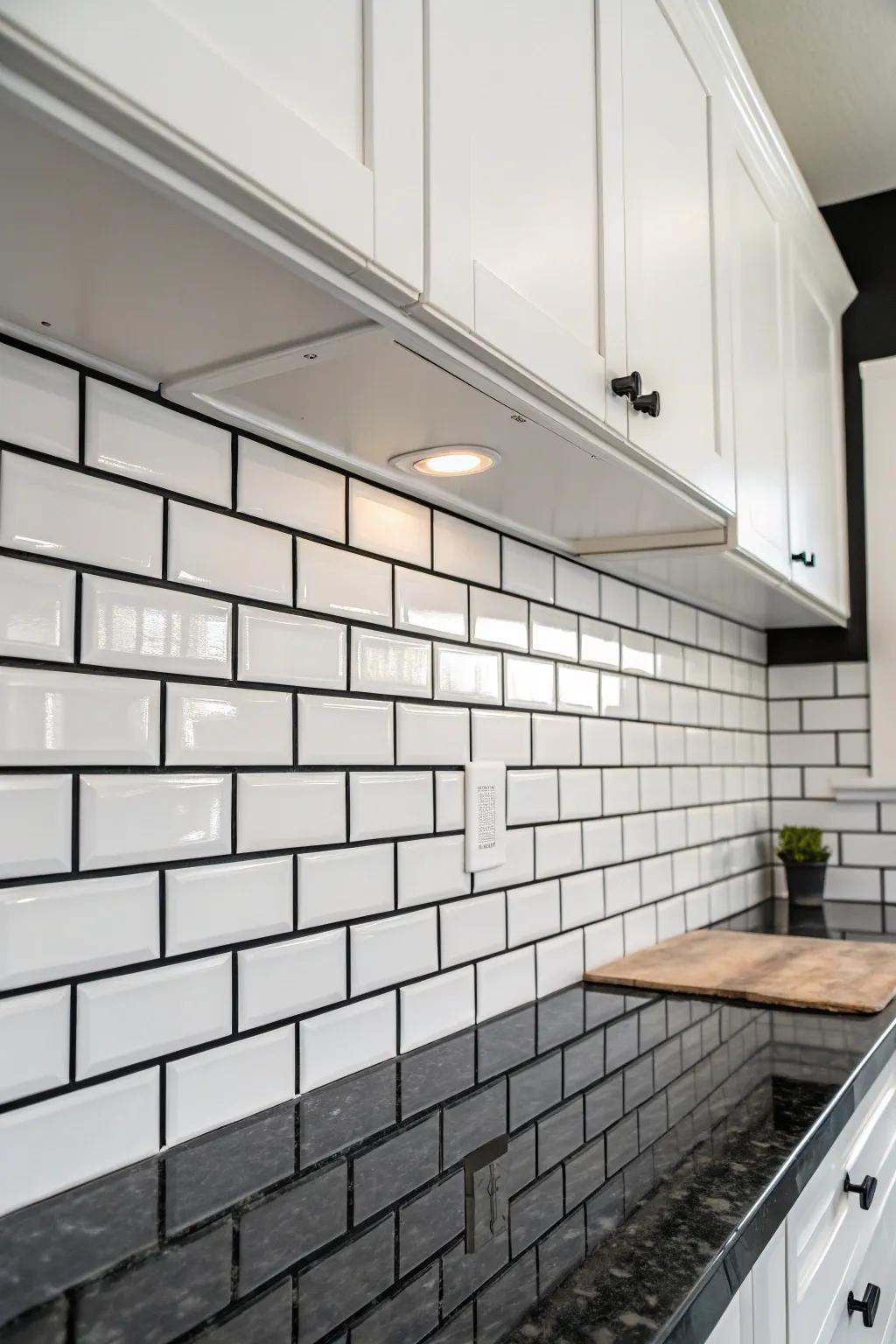 Classic subway tiles with a bold black grout for contrast.