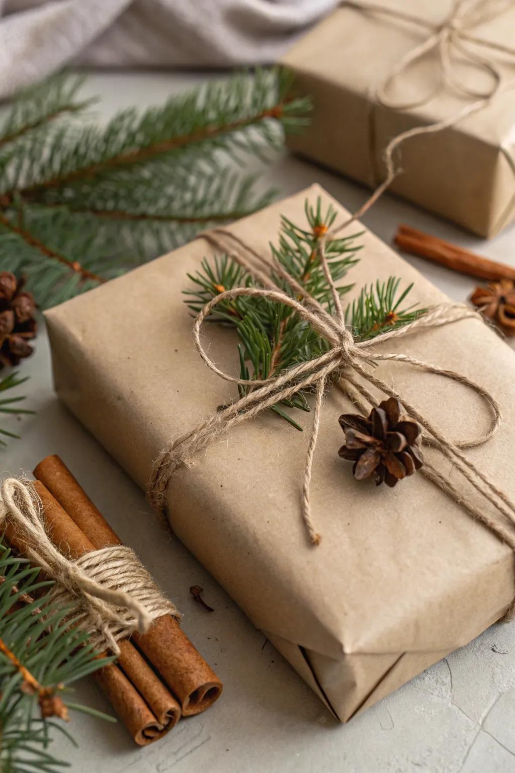 A rustic gift wrapped with natural elements, perfect for adding warmth to your holiday presents.