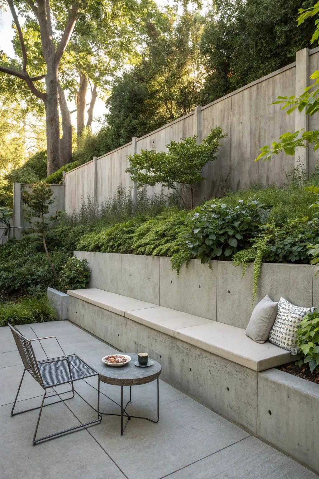 Concrete wall with built-in seating, ideal for relaxation.