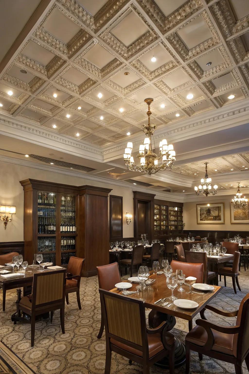 Coffered ceilings add elegance and depth.