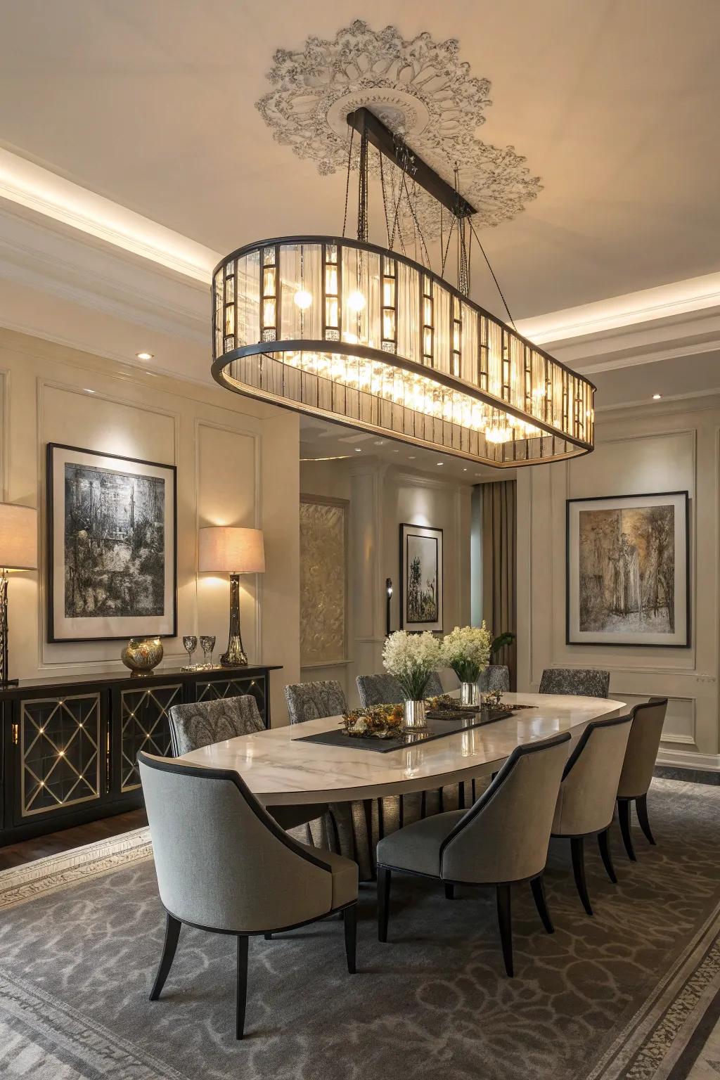 Statement lighting can elevate the entire dining experience.