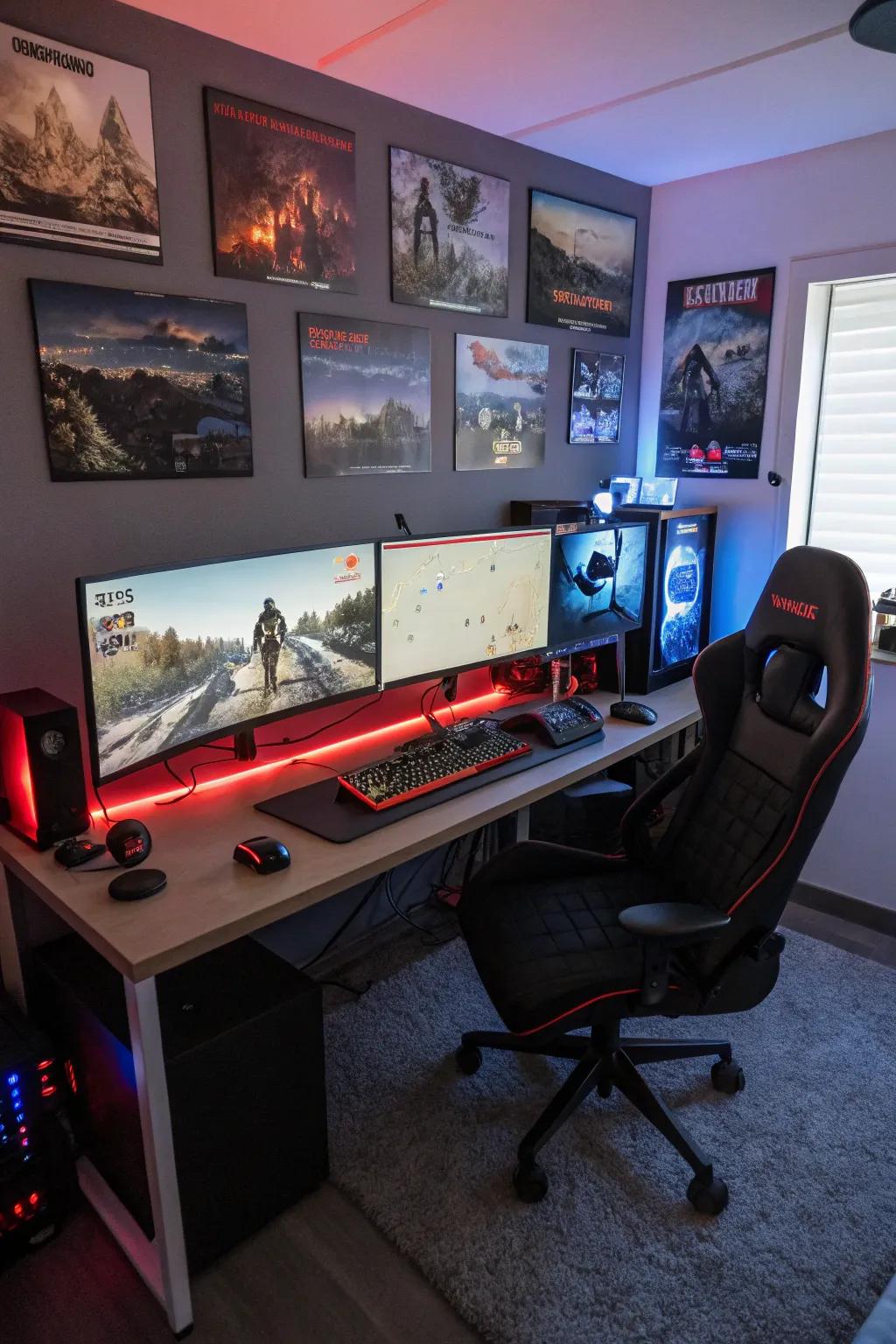 A gaming bedroom featuring a multi-monitor setup and ergonomic desk.