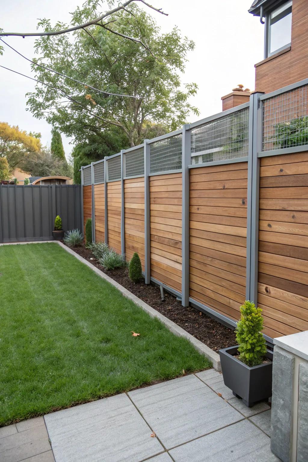 Design a captivating visual by blending wood and metal in your fence.