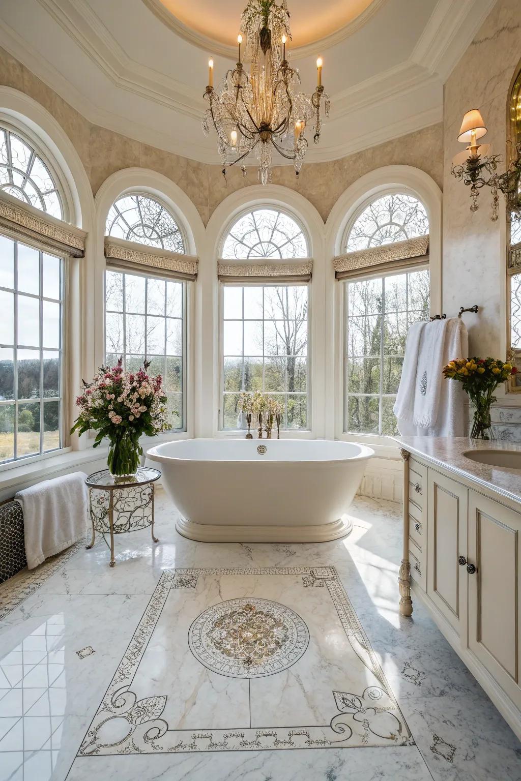 A modern bathroom featuring a centerpiece unattached tub.