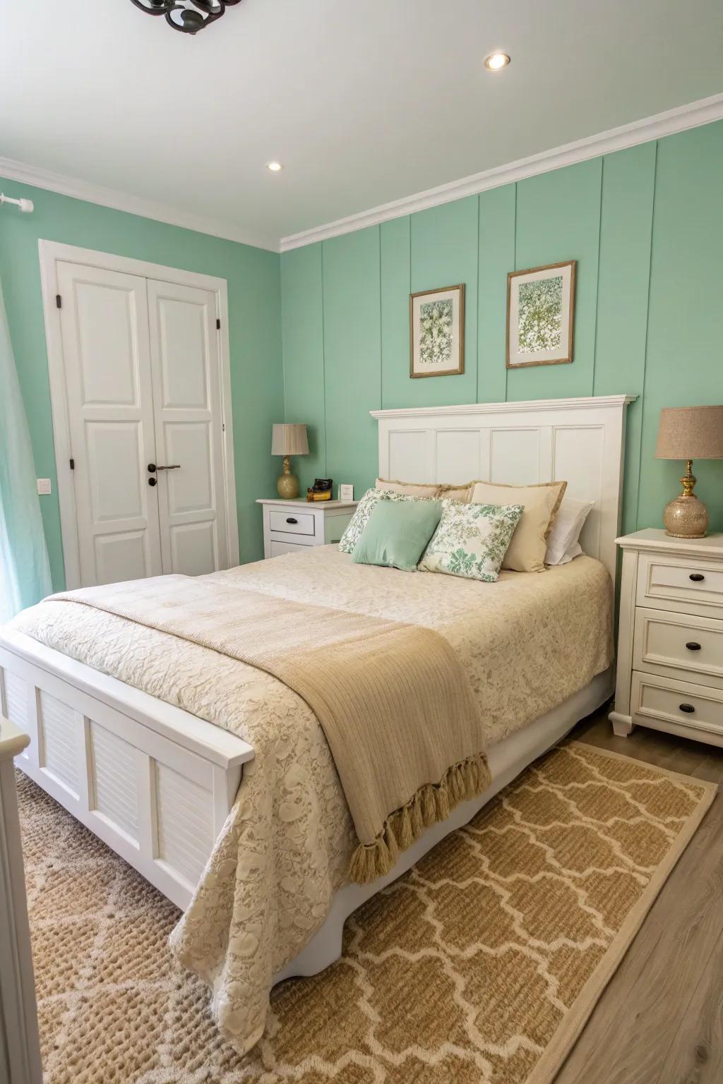 A modern boudoir featuring gentle springtime green walls and understated highlights.