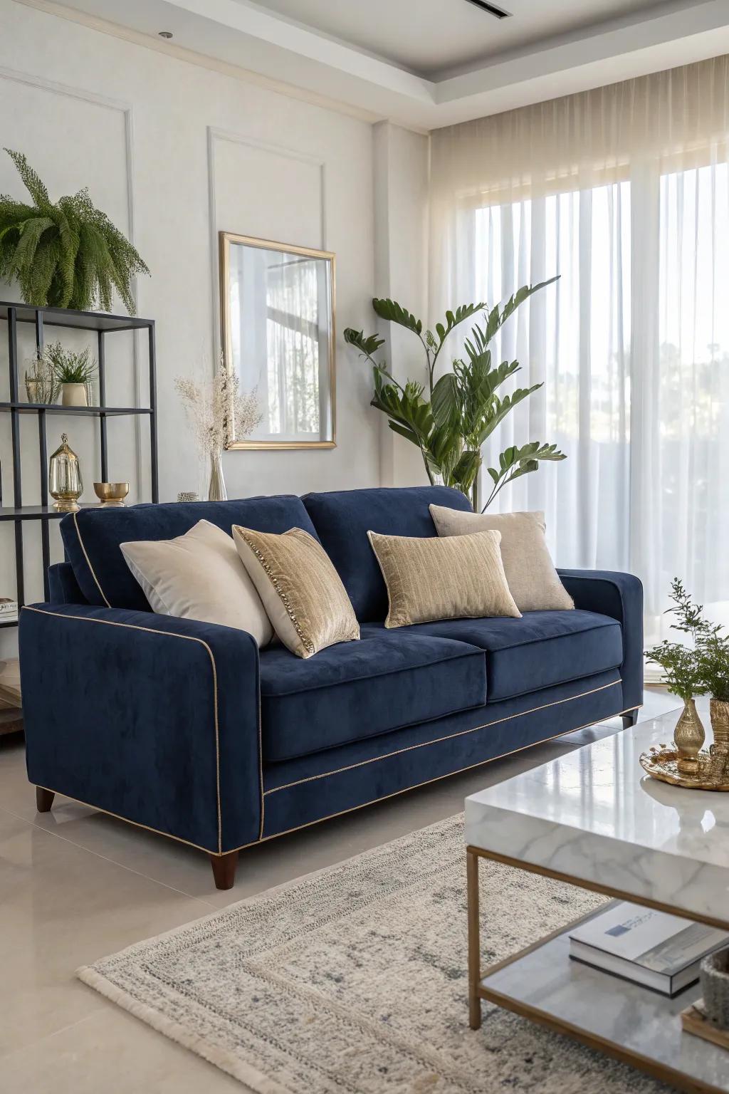 A navy blue sofa adds a luxurious touch to your space.