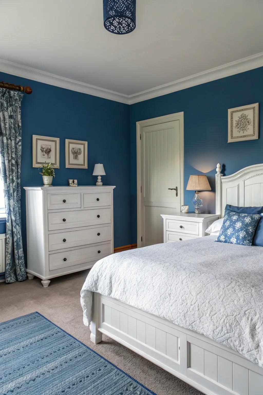 White furniture beautifully contrasts with the royal blue walls, adding a fresh touch.