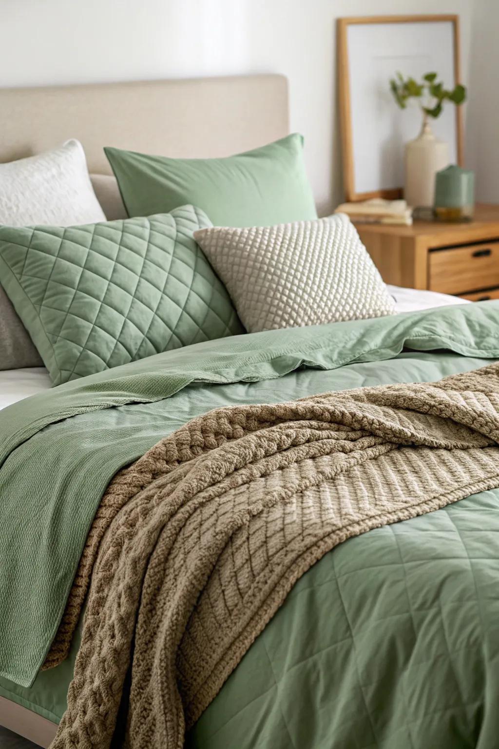 Sage green bedding provides a harmonious and cozy retreat.