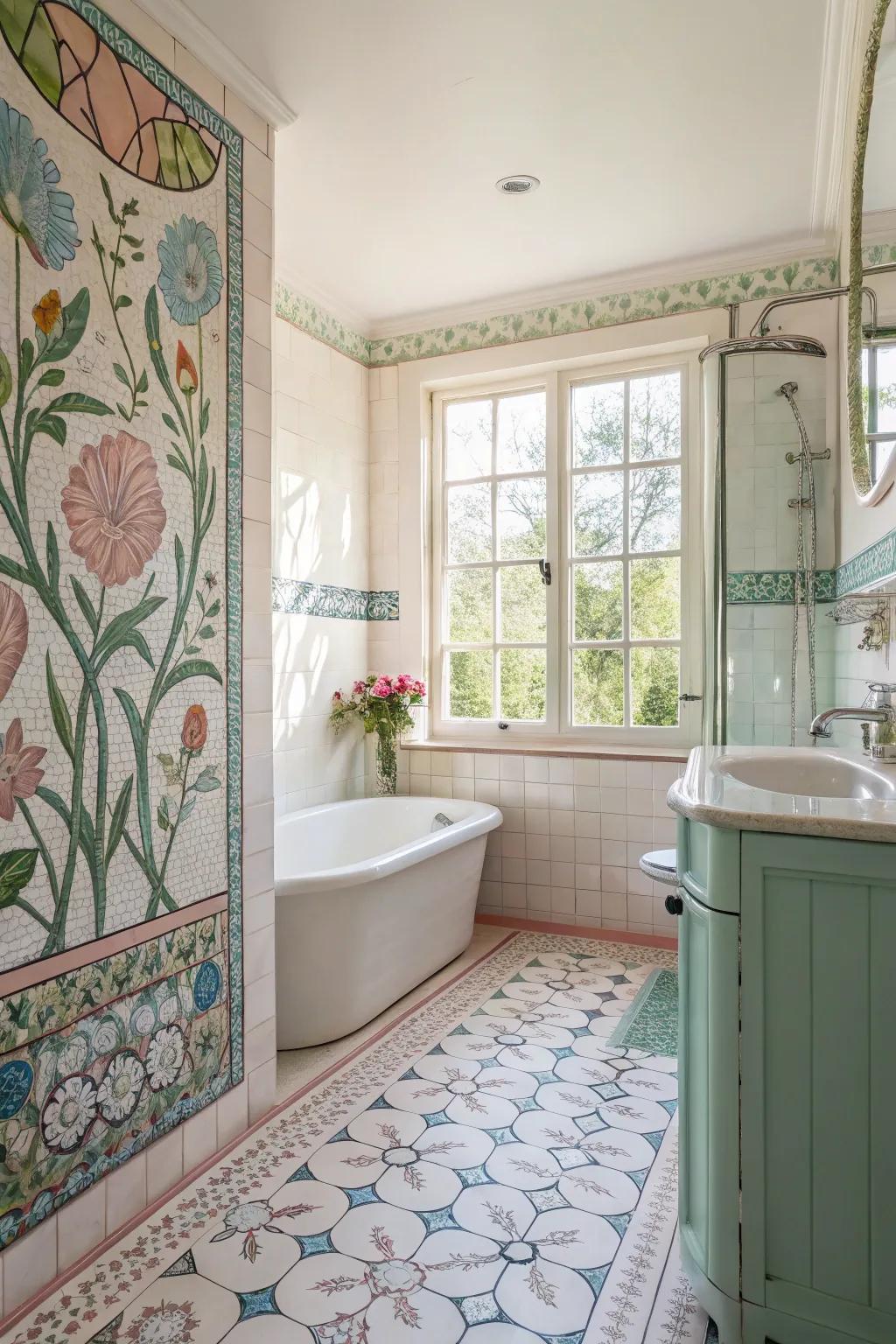 A bathroom transformed into a calming garden with floral mosaic tiles.