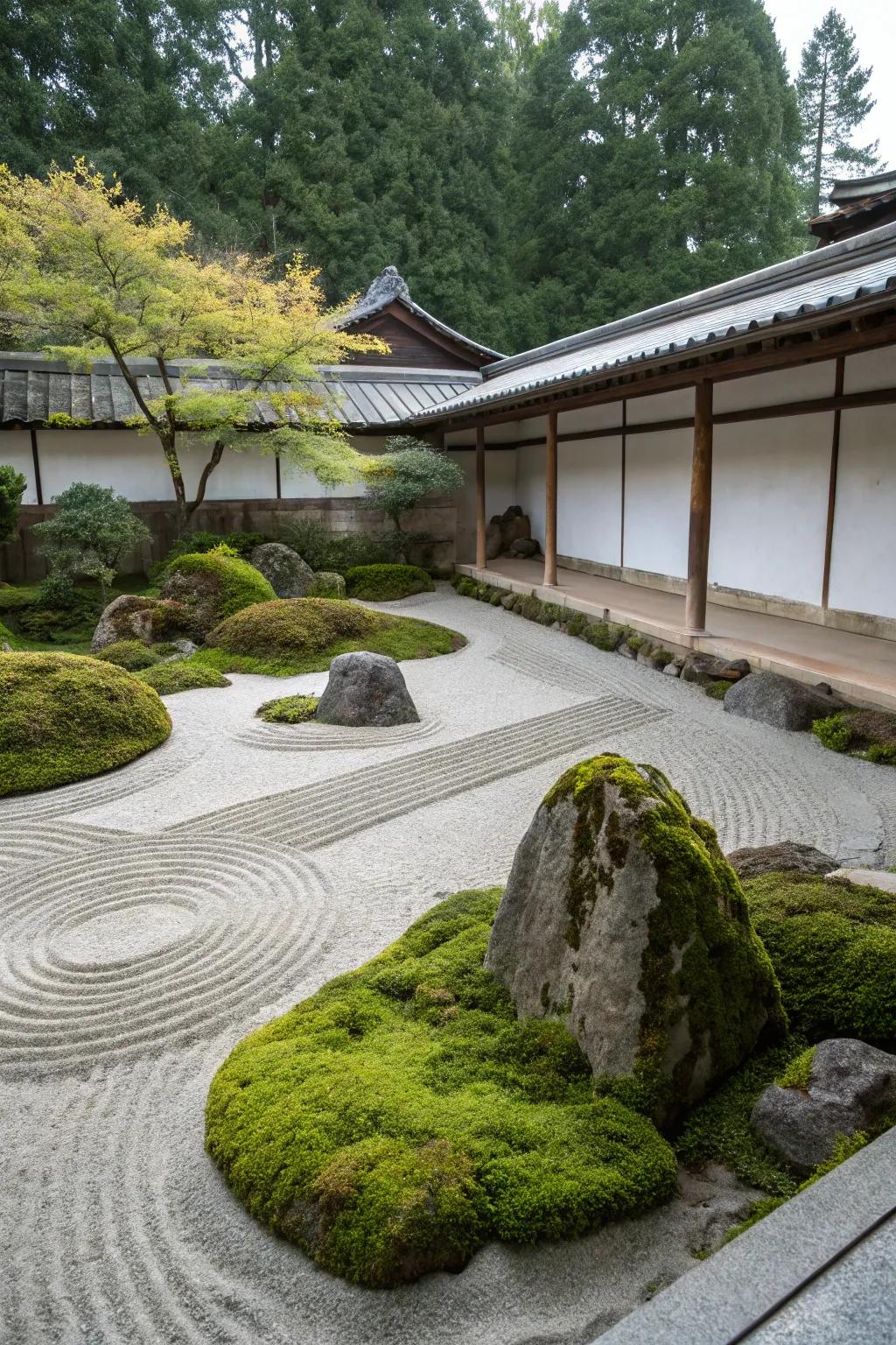 A peaceful meditation space showcasing lichen stones and artistic sand formations.