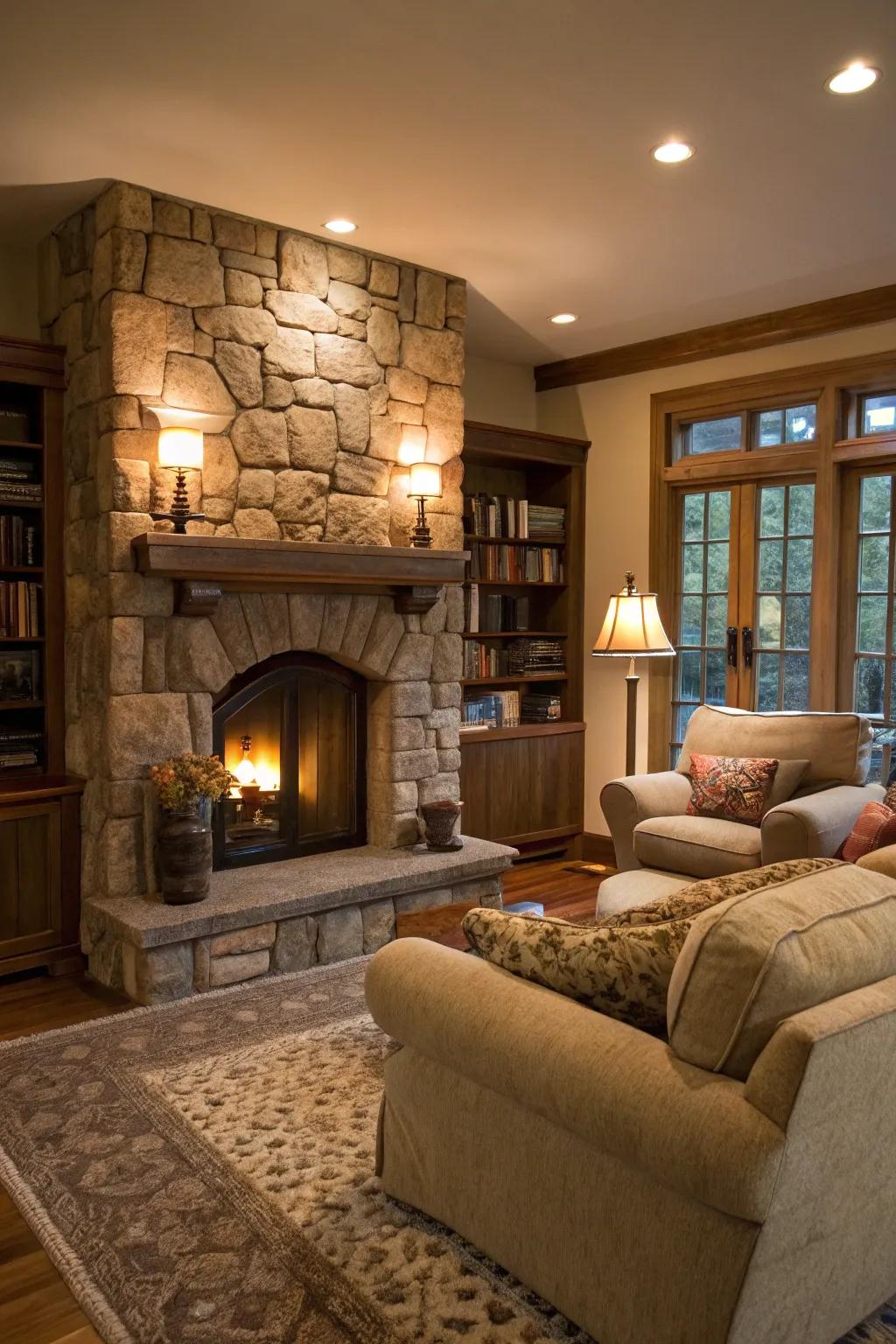 A stone fireplace makes a stunning focal point.
