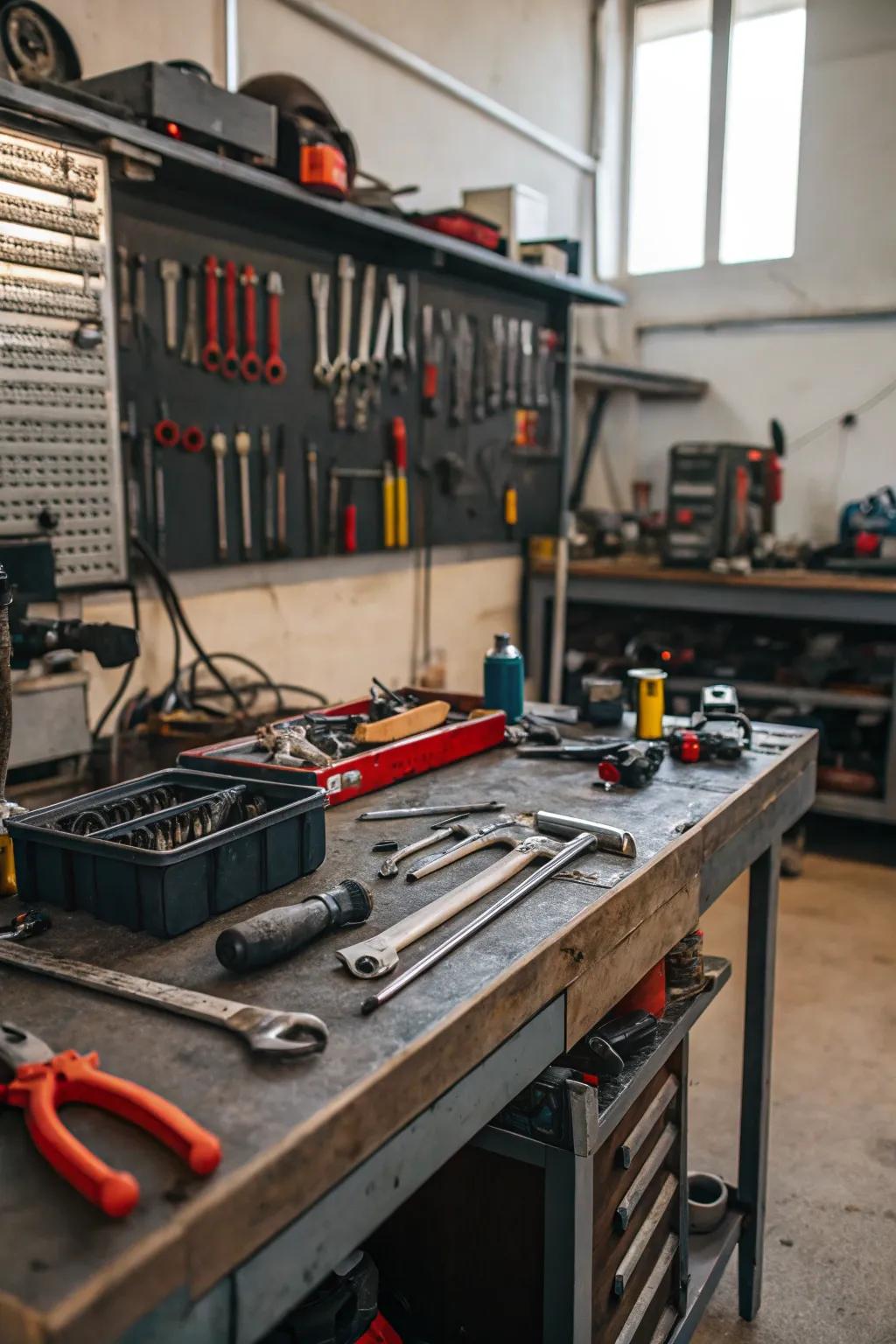 A garage transformed into a functional workshop.