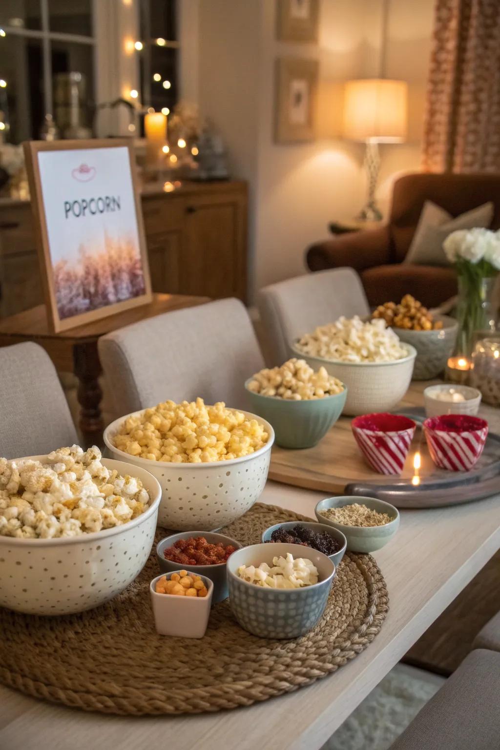 A table spread for a popcorn tasting party with a variety of flavors.