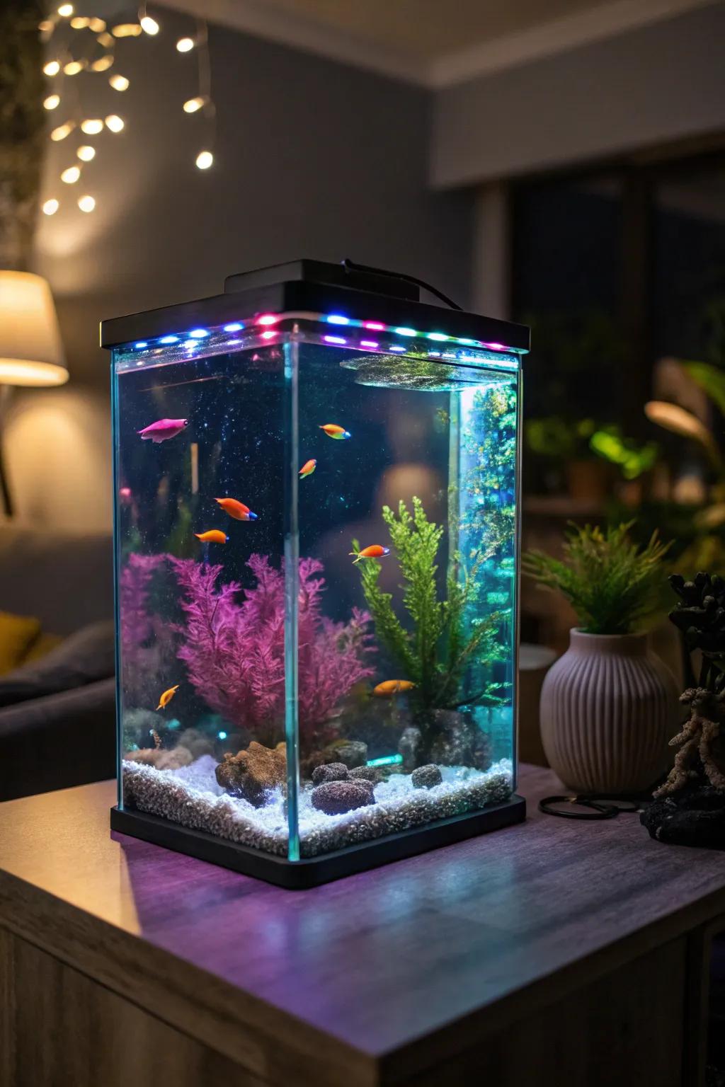 LED lights cast a vibrant glow over this neon-themed fish tank.