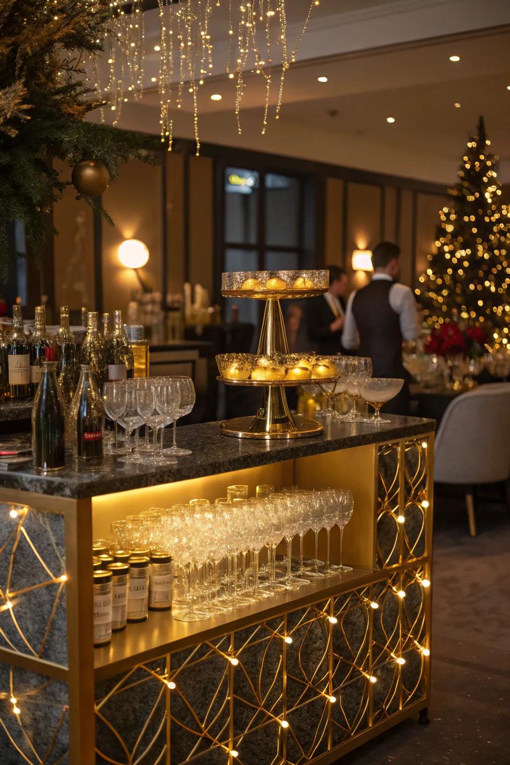 A chic champagne bar adds a touch of elegance to any New Year's Eve celebration.