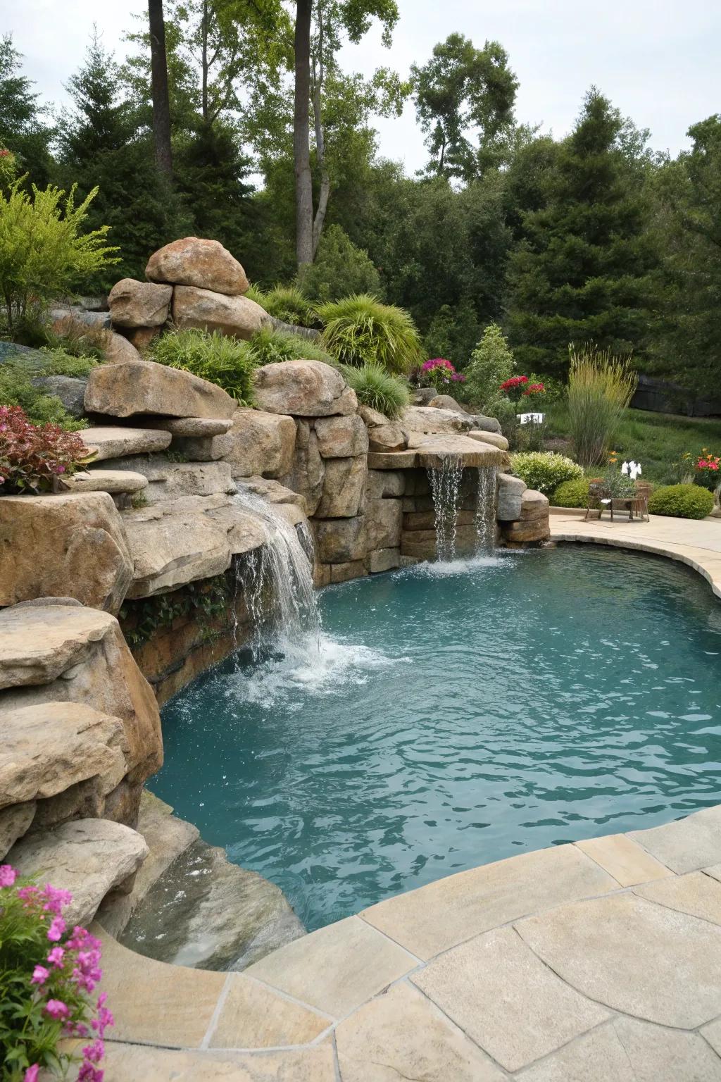 A pool showcasing authentic rock configurations and a waterfall, fashioning a serene and unspoiled sanctuary.