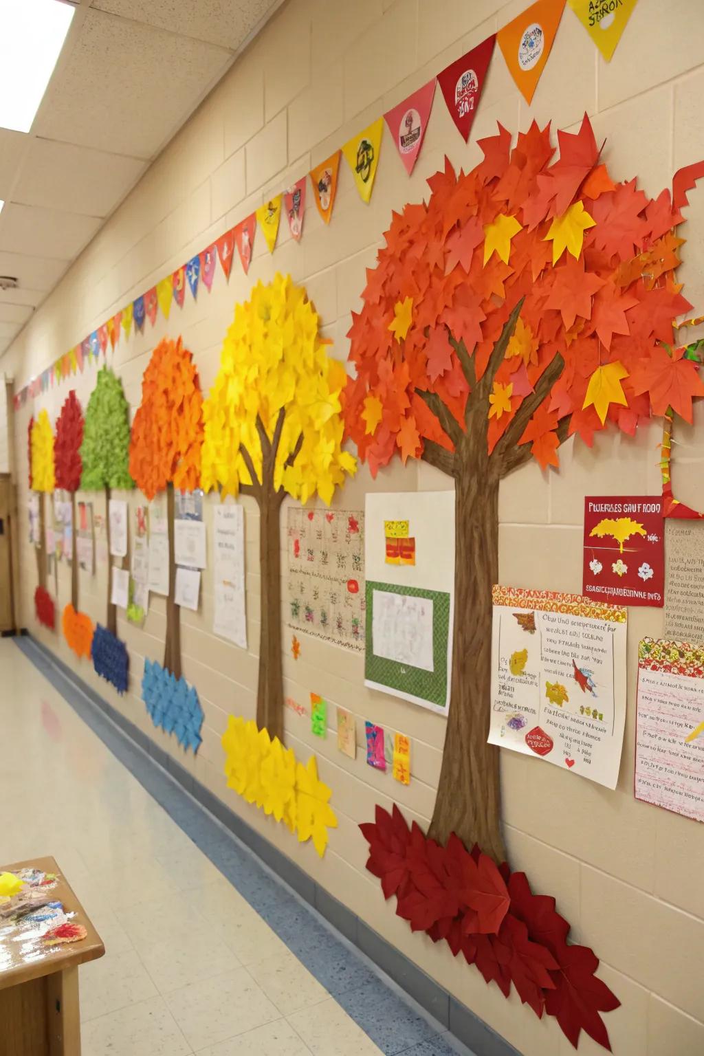 A fall-themed bulletin board displaying the colors of autumn.