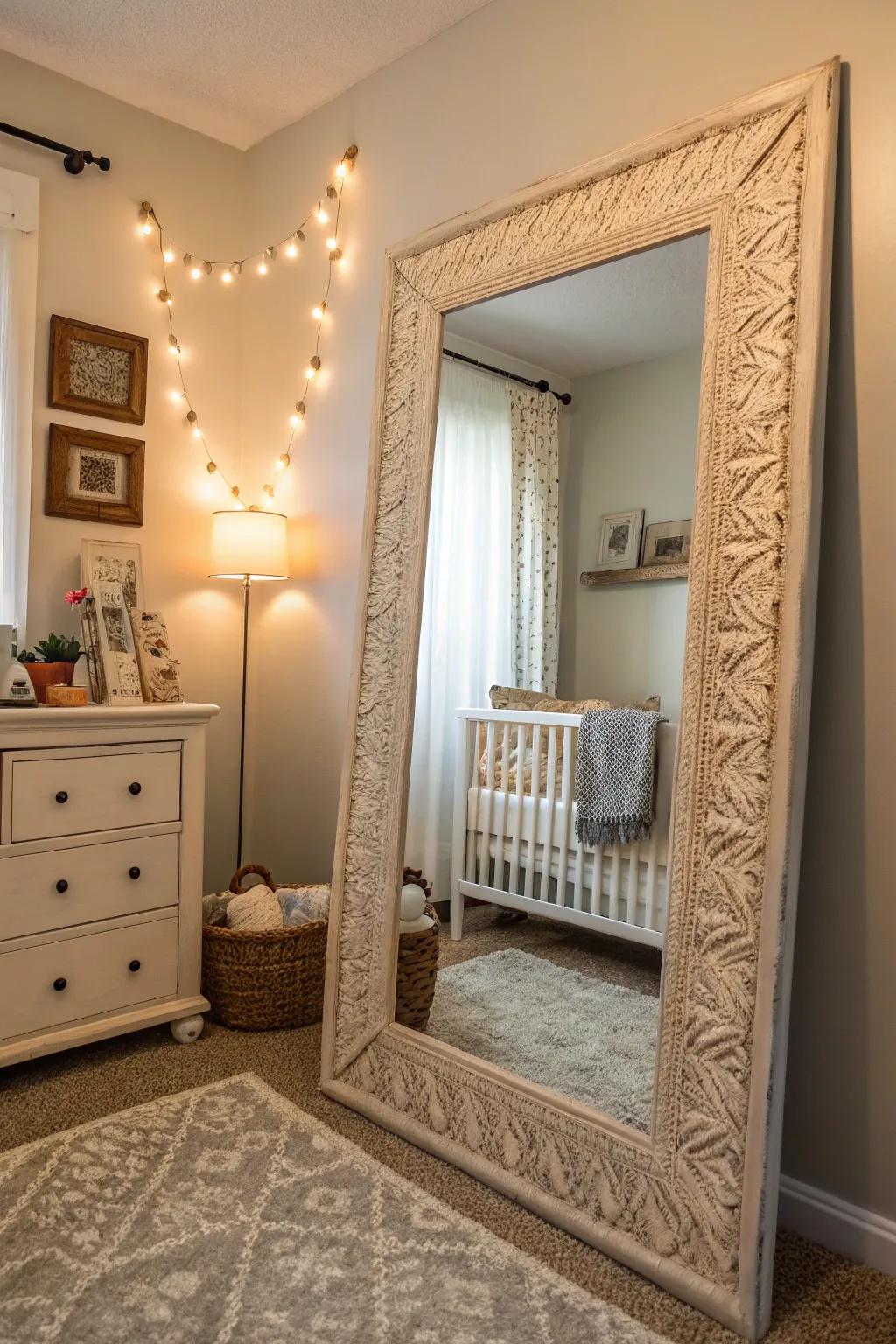 A textured mirror with a unique frame serves as the focal point in this nursery.