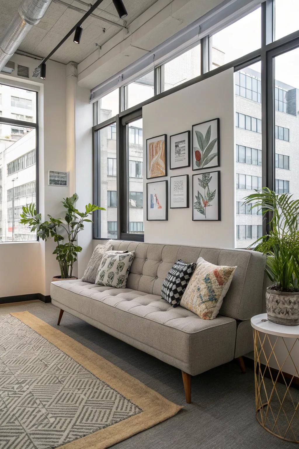 A chic and stylish convertible couch adds elegance to the office.