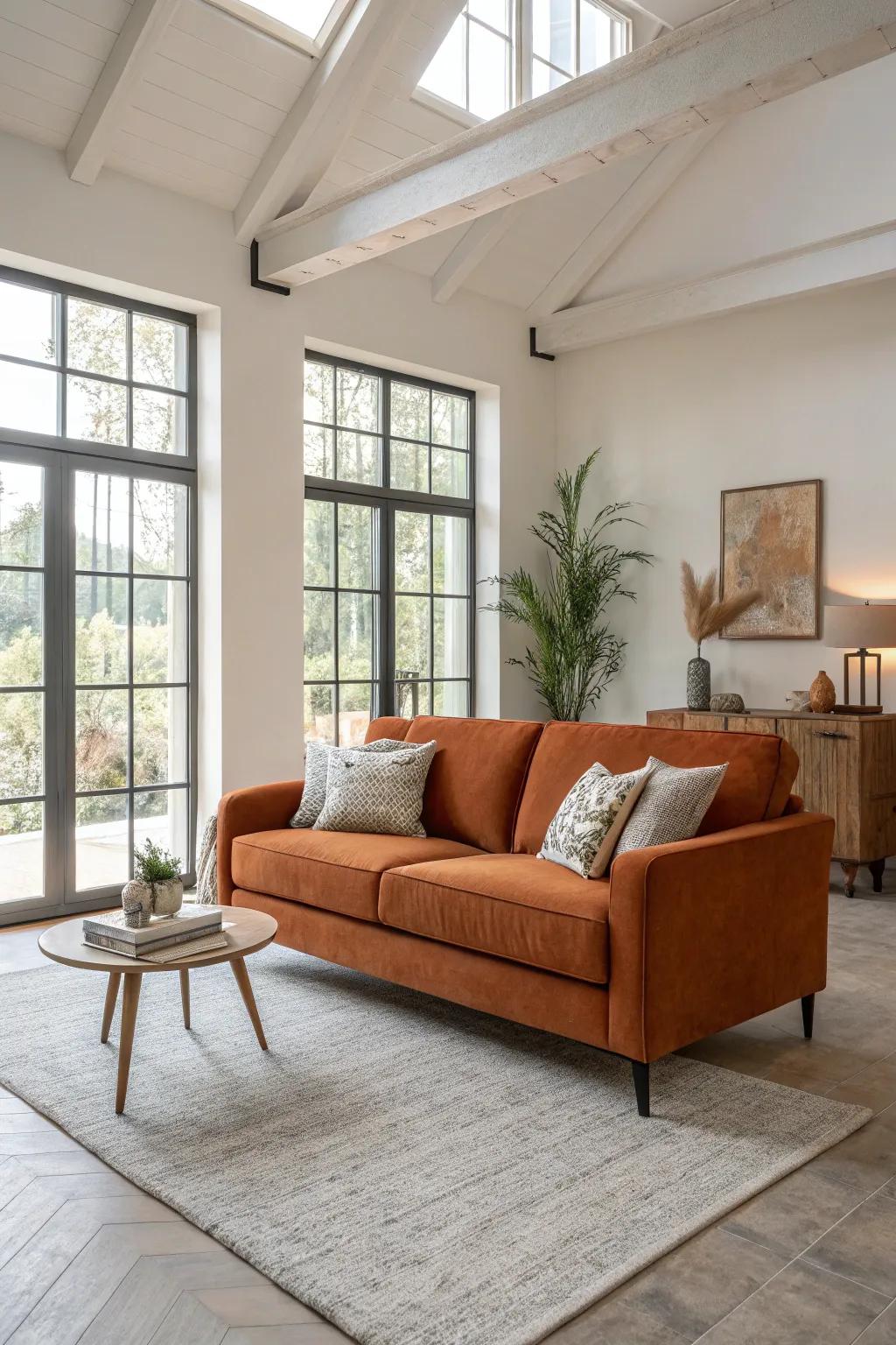 A burnt orange sofa stands out, adding warmth and style to the living area.