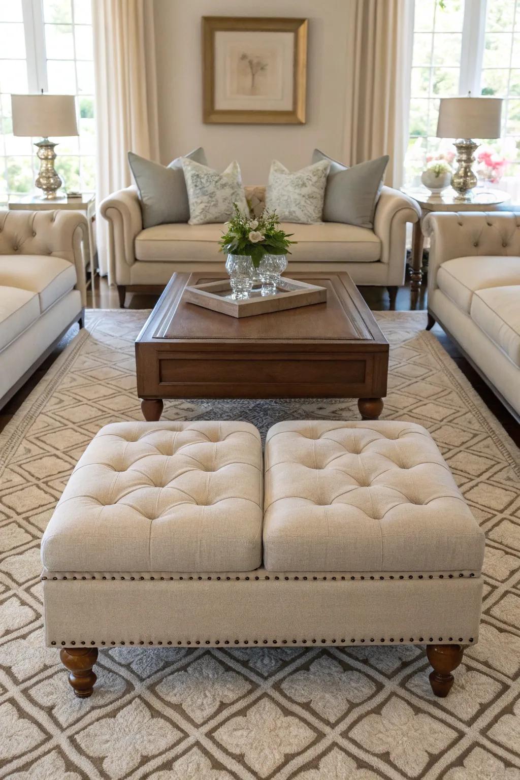 Symmetrical ottomans bringing balance to the room