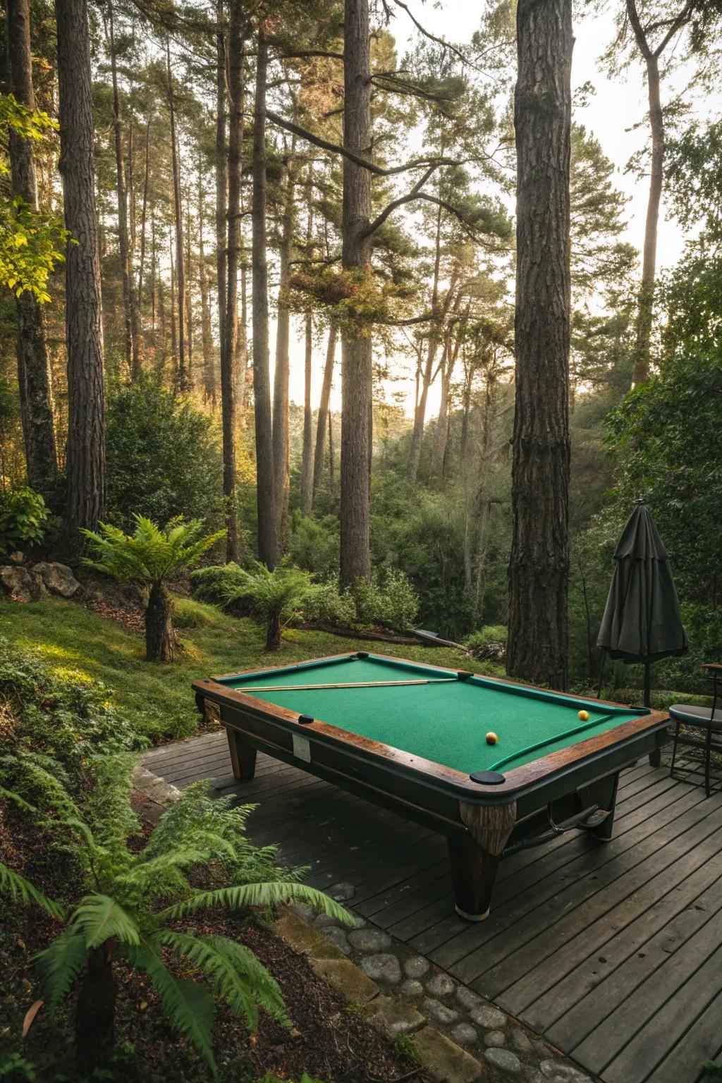 A pool table amidst a forested backyard, creating a tranquil nature-inspired setting.