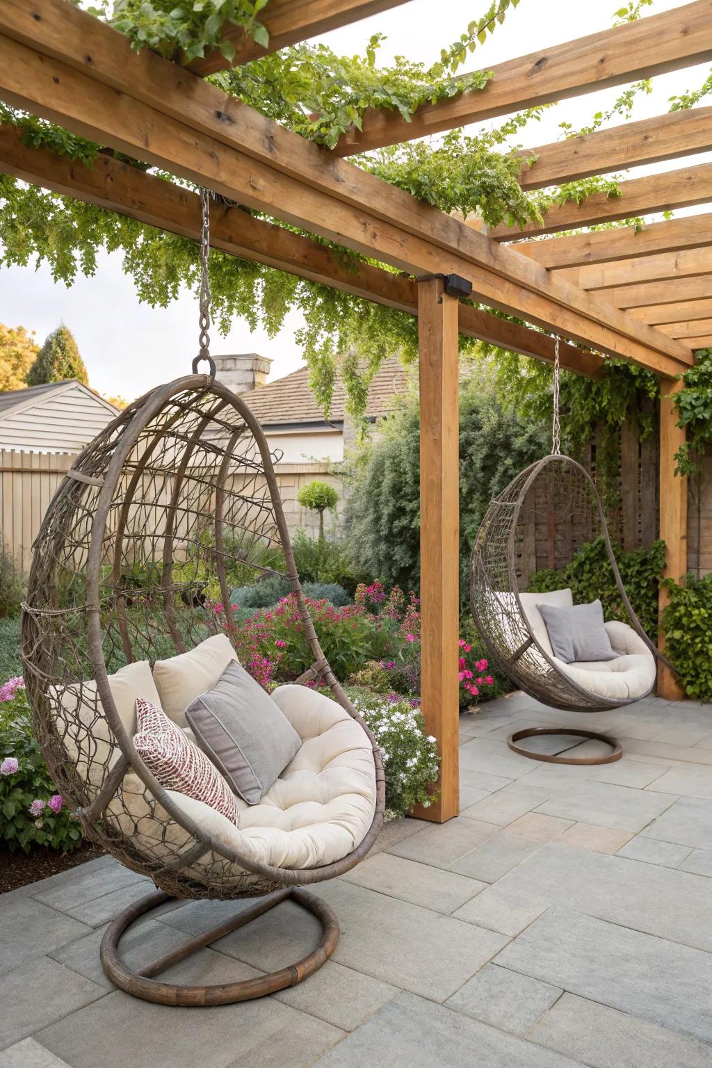 Swing chairs bring whimsy and comfort to your outdoor oasis.