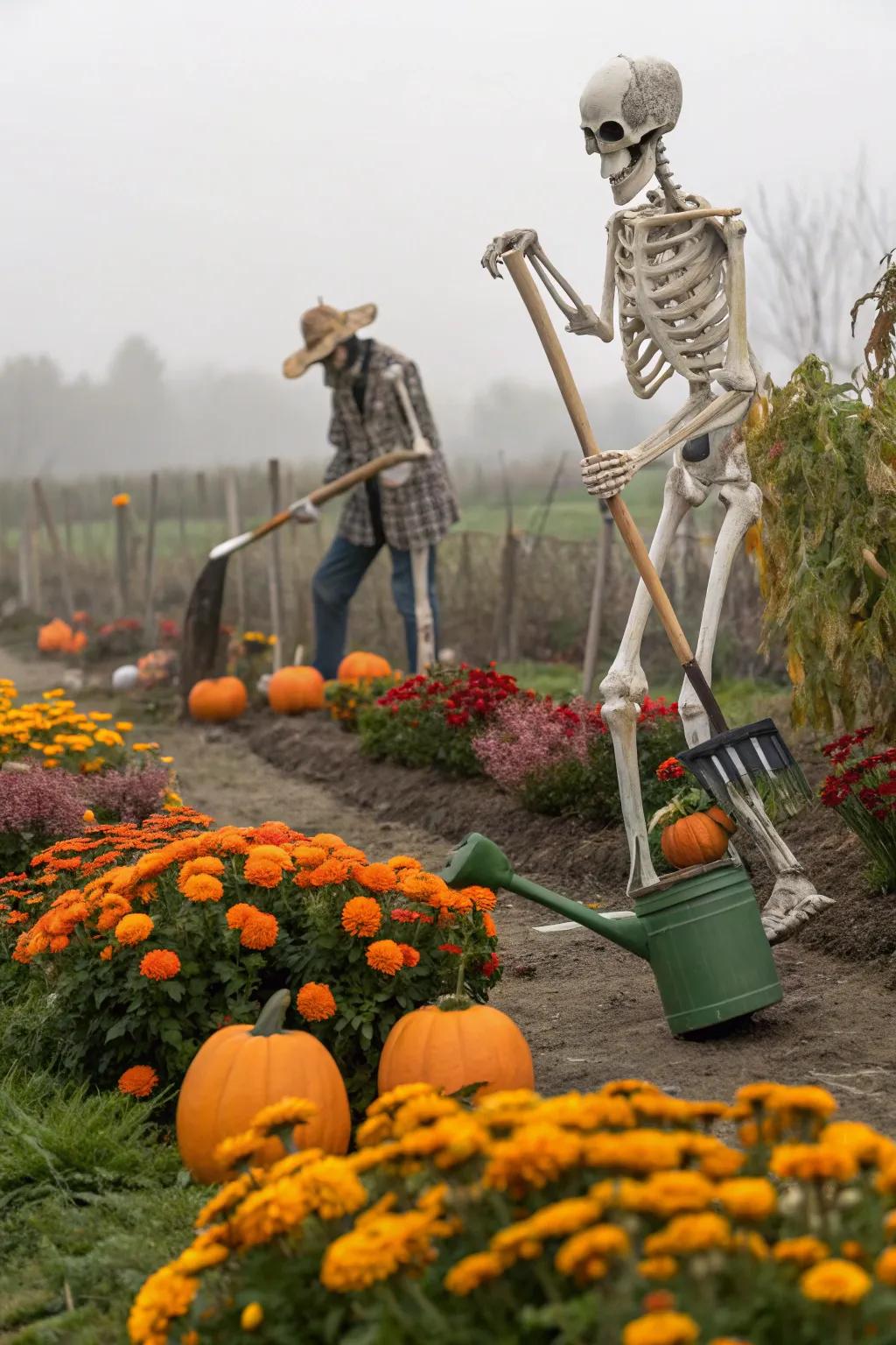 Skeletons hard at work in the garden.