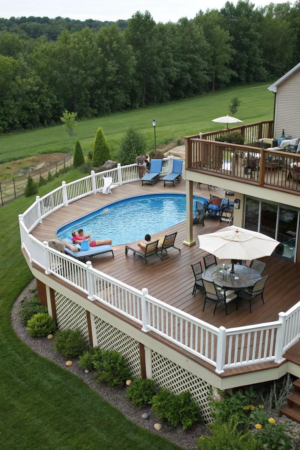 Terraced decking enhances the depth and usability of this poolside spot.