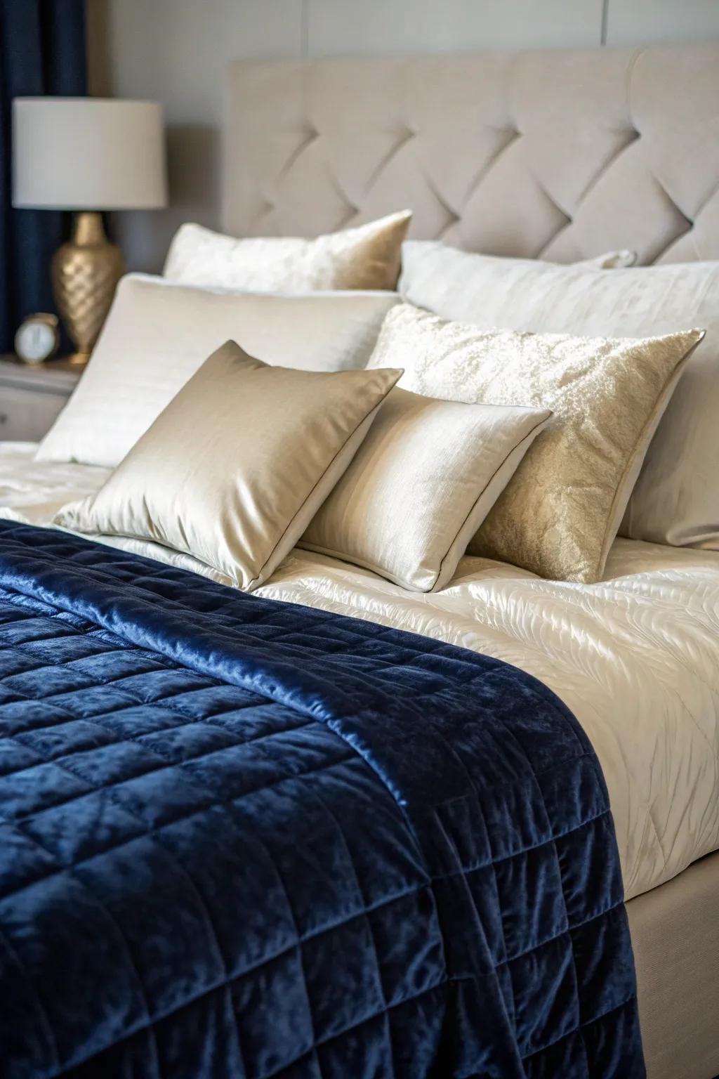 Lavish textures on bedding craft an inviting aura.