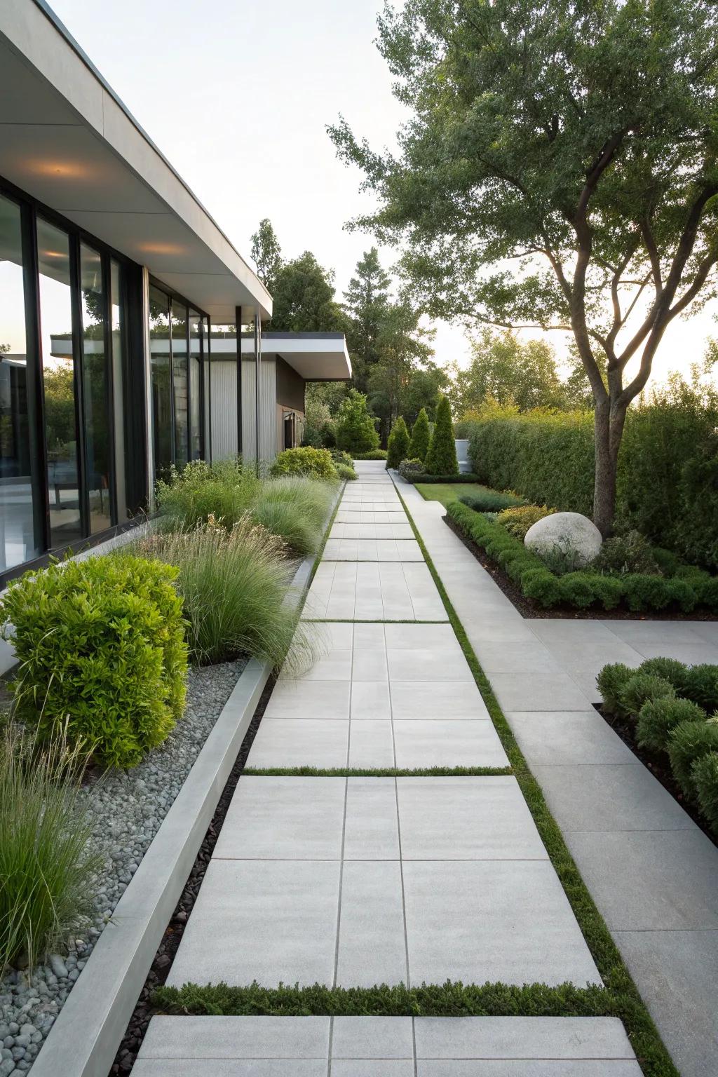 A sleek concrete paver walkway in a minimalist garden.