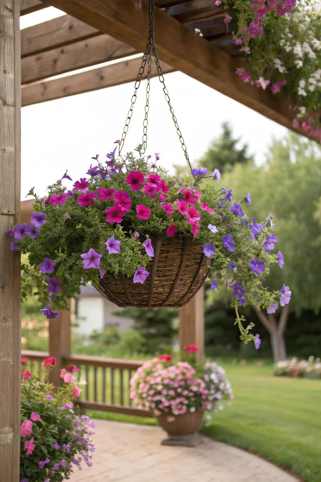 Lobelia and petunias spill over the edges, creating a vibrant vertical display.