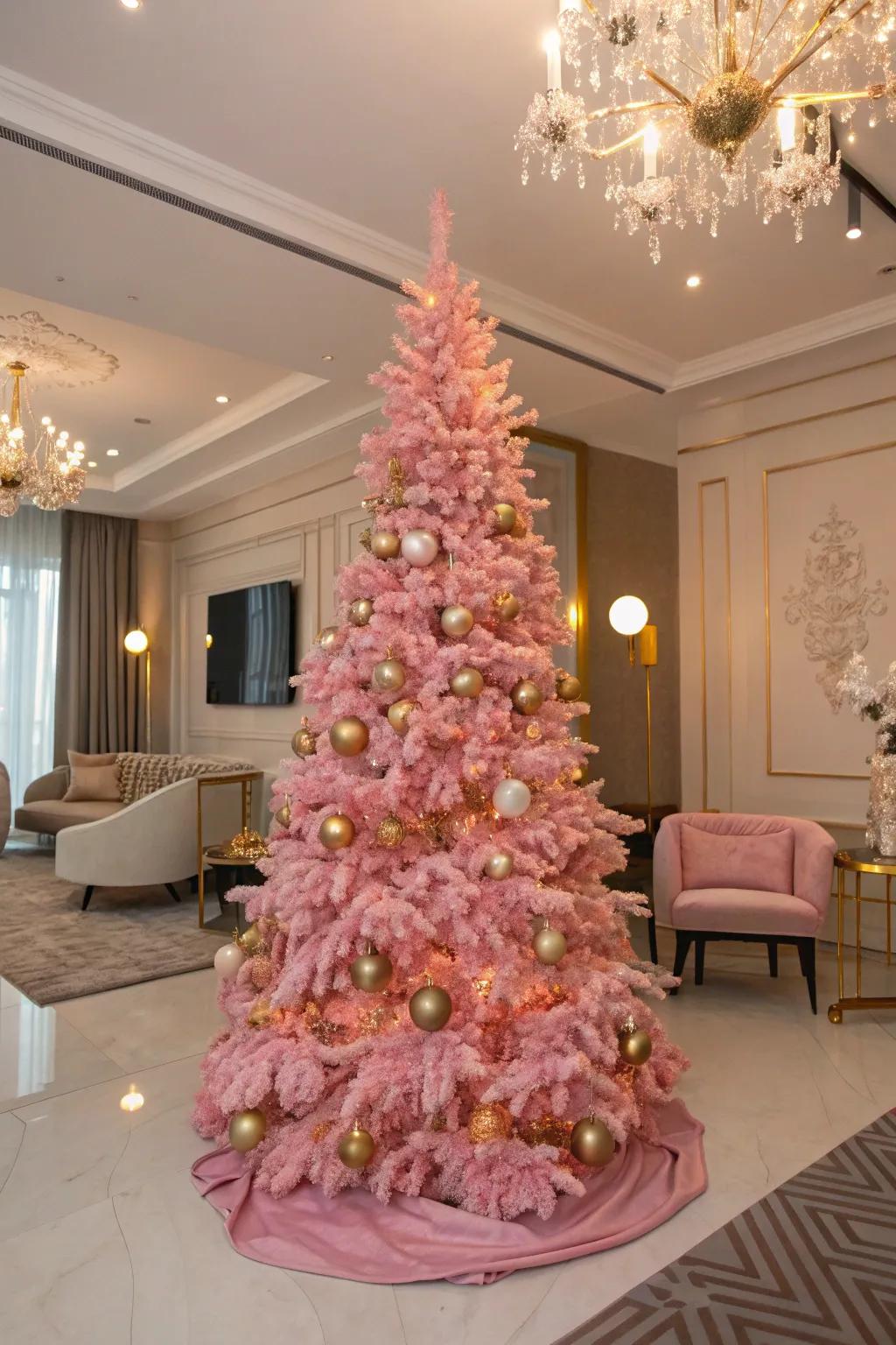 Golden accents elevate the elegance of a pink Christmas tree.