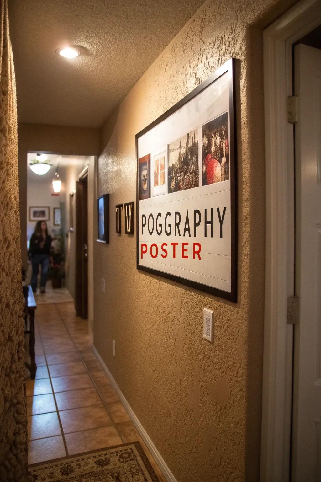 A typography print showcasing bold typefaces, creating an artistic statement in a welcoming entrance hall.