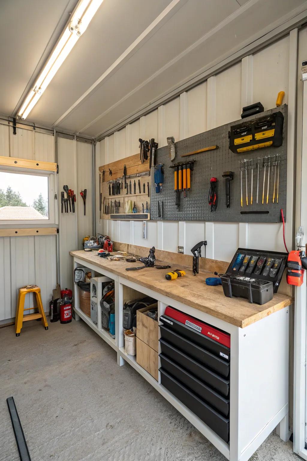 A tidy workshop in a pole barn with tools neatly organized.