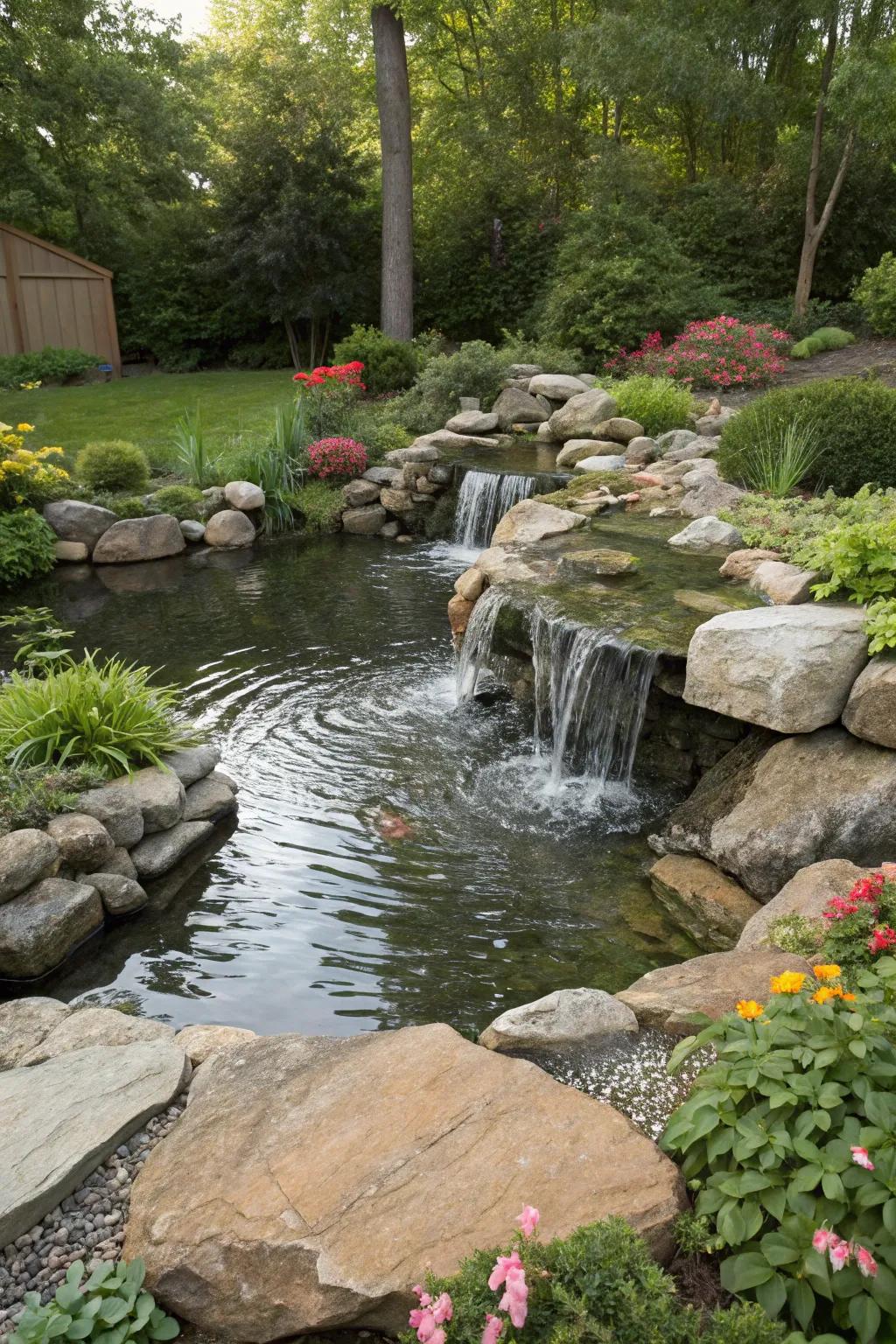 A waterfall feature adds both movement and sound to your pond stream.