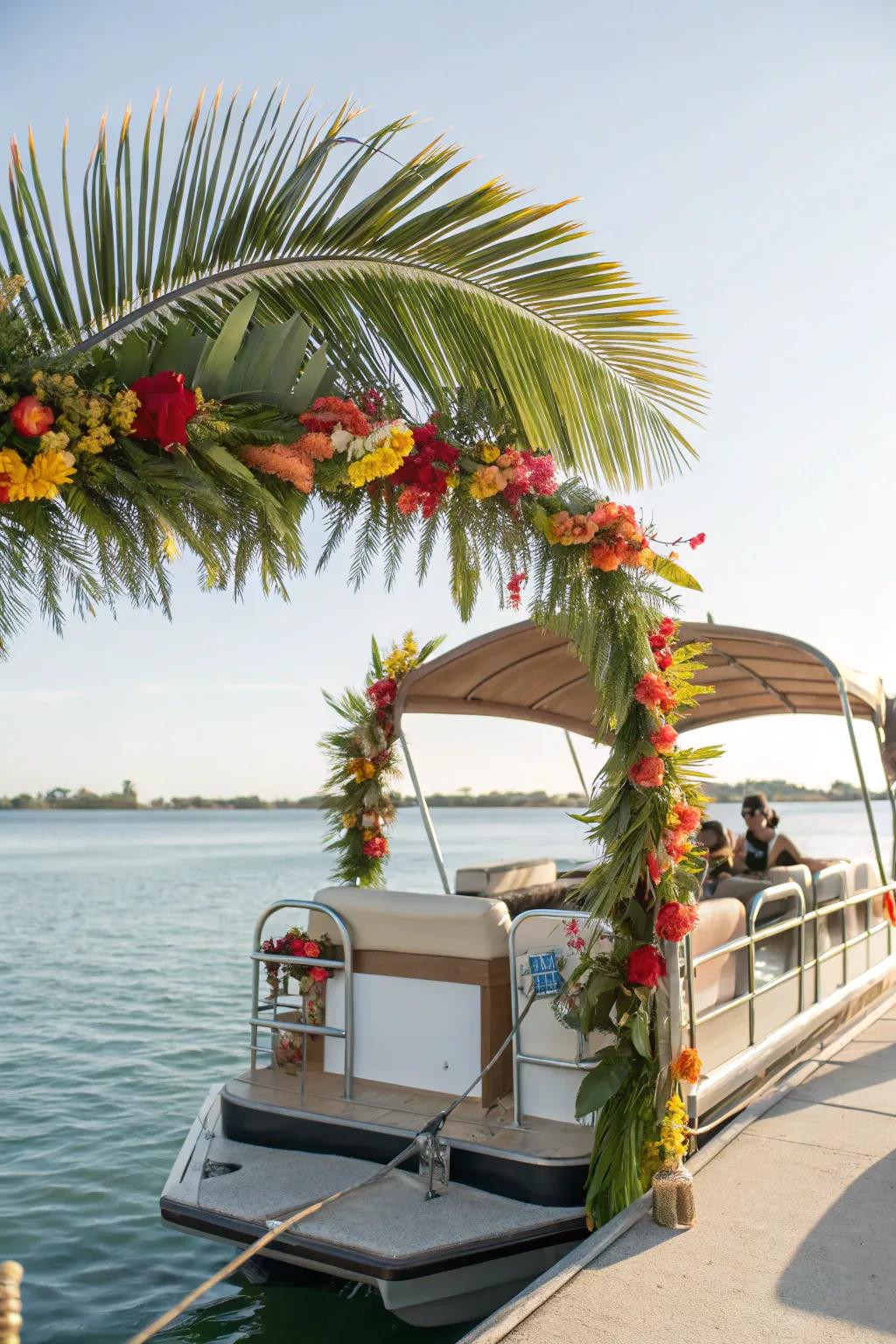 A tropical-themed pontoon boat with lush greenery and bright flowers.