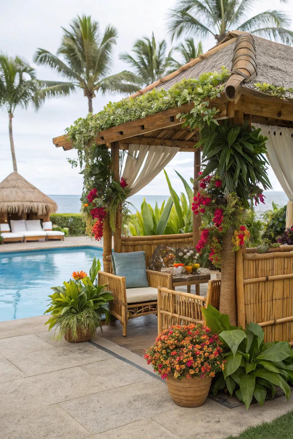 A tropical-inspired cabana embraced by a symphony of verdant foliage.