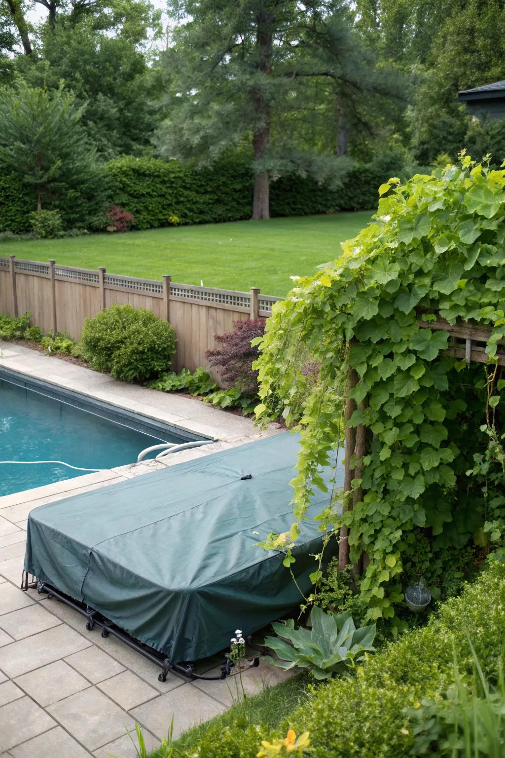 Greenery integrating seamlessly with pool equipment covers.