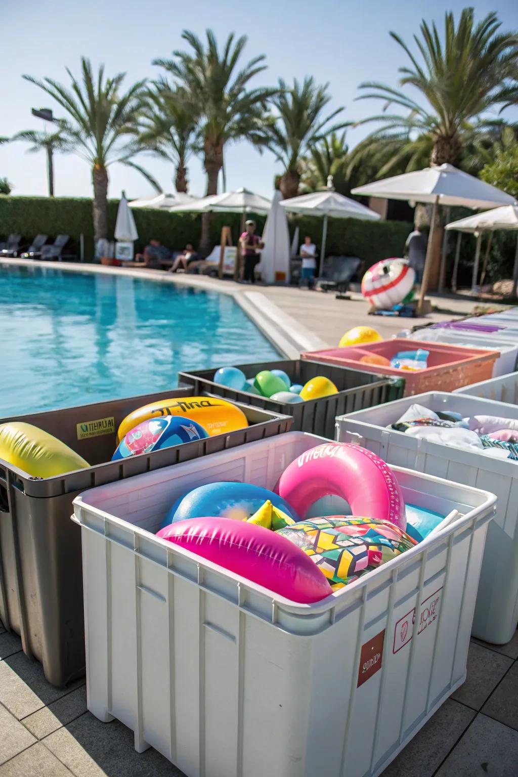 Large storage bins keeping pool floats organized and dry.