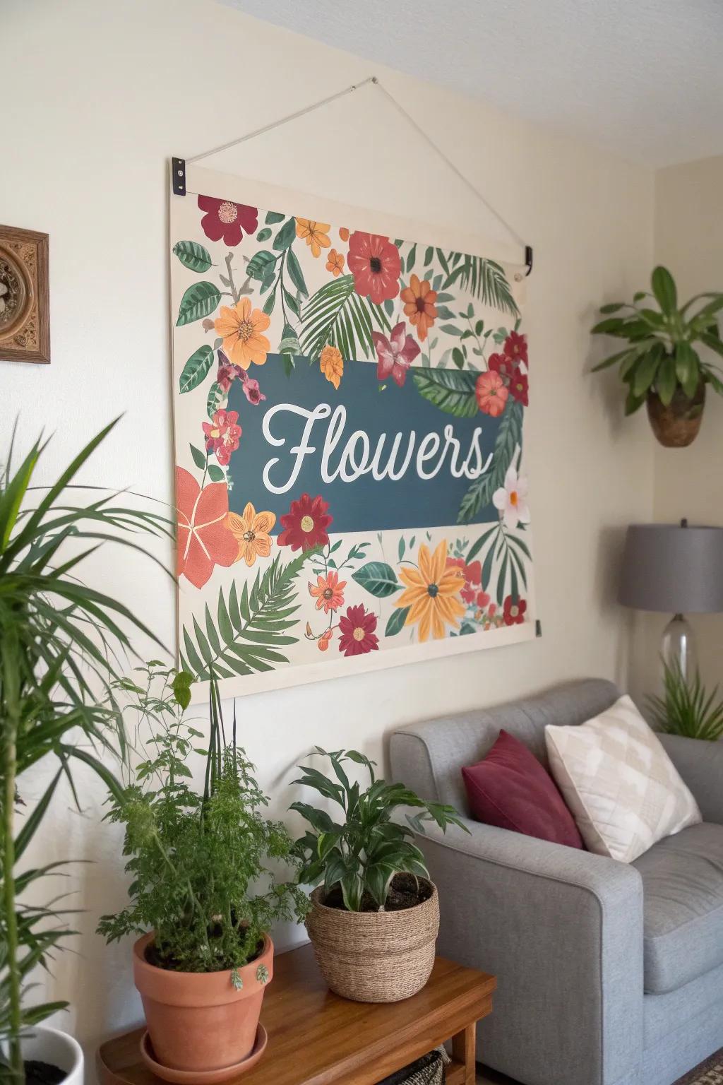 A floral-themed name poster that adds natural elegance to a living room.